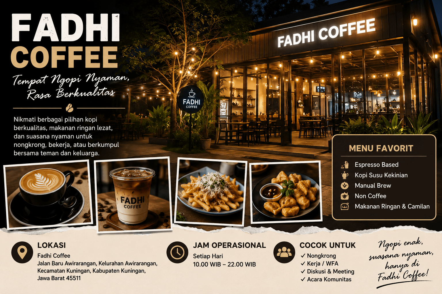 Suasana Fadhi Coffee Kuningan di Jalan Baru Awirarangan yang menjadi tempat nongkrong favorit masyarakat dengan sajian kopi berkualitas dan suasana nyaman.