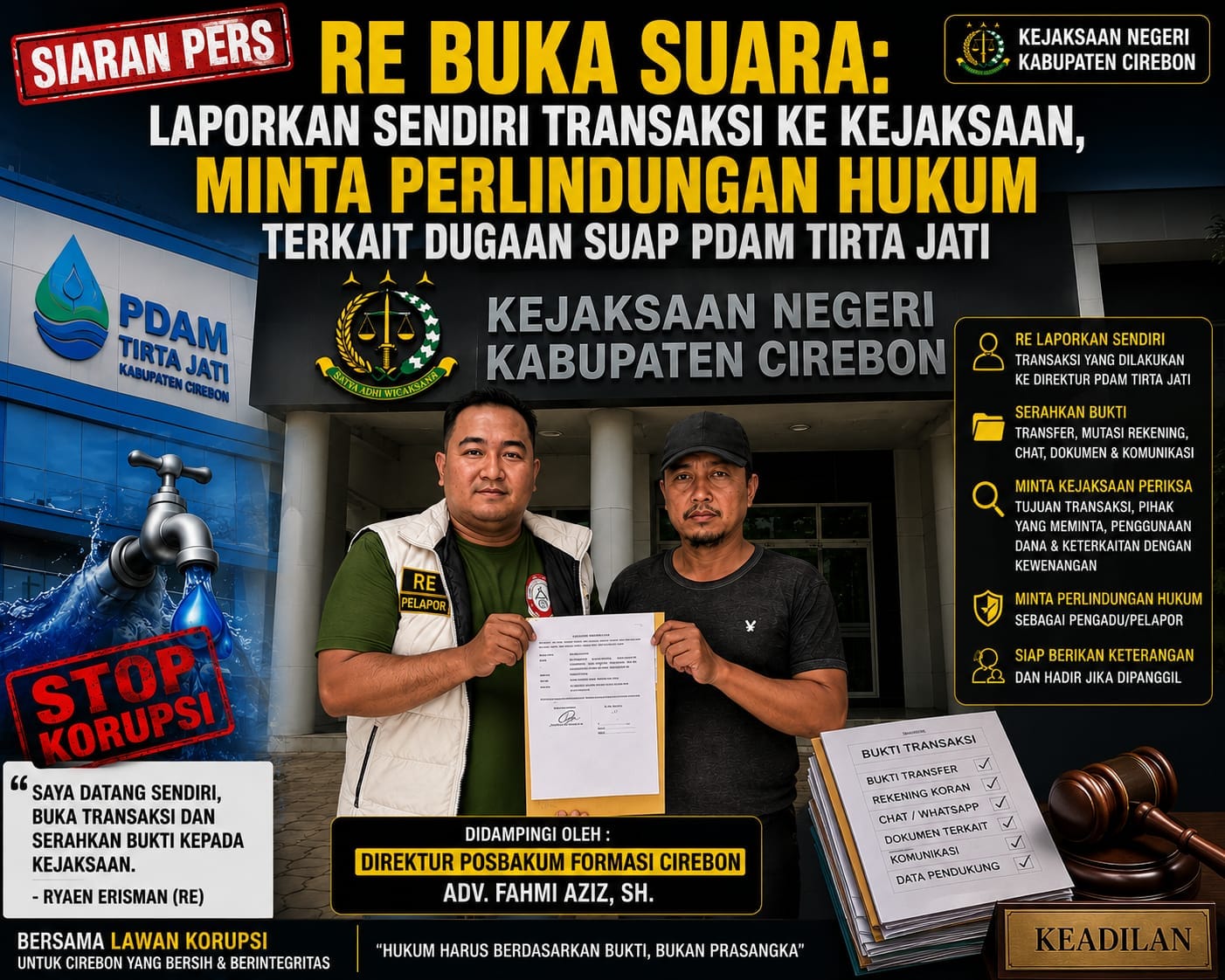 Ryaen Erisman didampingi Advokat Fahmi Aziz datang ke Kejaksaan Negeri Kabupaten Cirebon untuk membuka bukti transaksi yang disorot