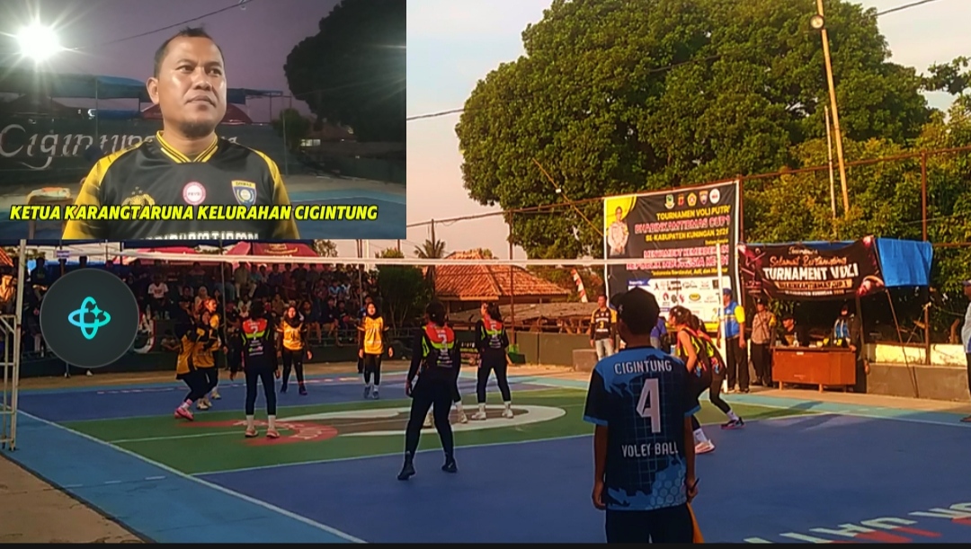 Tim Angger Jaya 1 Cigintung merayakan kemenangan setelah menjadi juara Bhabinkamtibmas Cup 1 Bola Voli Putri Kabupaten Kuningan Tahun 2026.