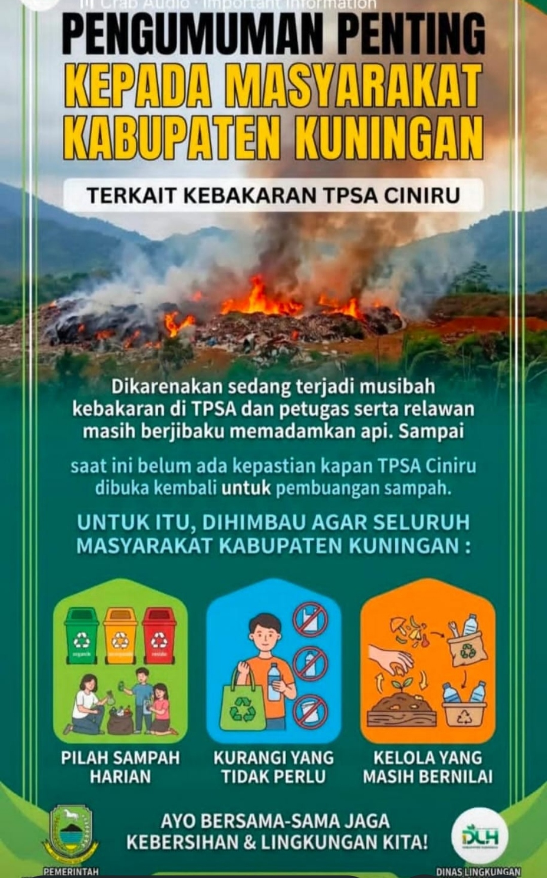 Kondisi TPSA Ciniru di Kecamatan Jalaksana, Kabupaten Kuningan, yang masih ditutup sementara pascakebakaran untuk memastikan lokasi aman dari potensi titik api.