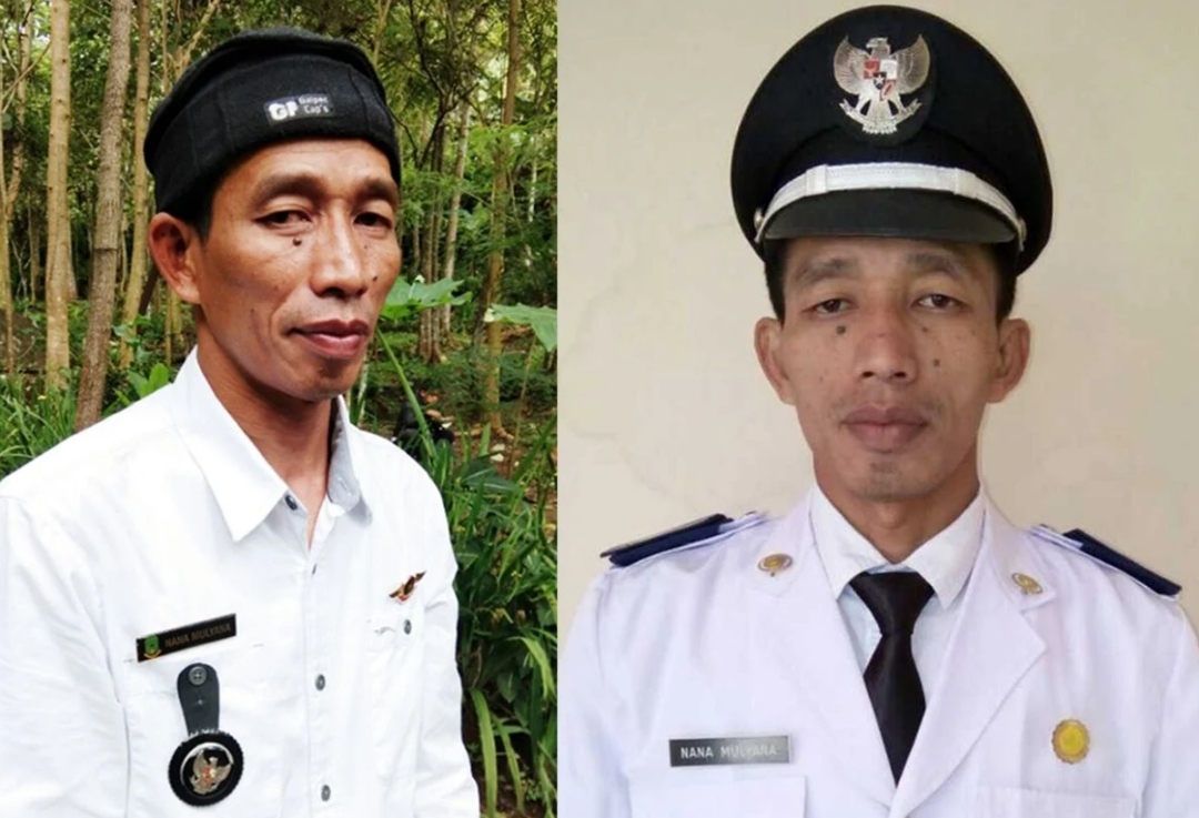 Kepala Desa Sukamukti Nana Mulyana yang menjadi perhatian masyarakat karena wajahnya dinilai mirip mantan Presiden RI Joko Widodo saat menjalankan aktivitas di Kabupaten Kuningan.