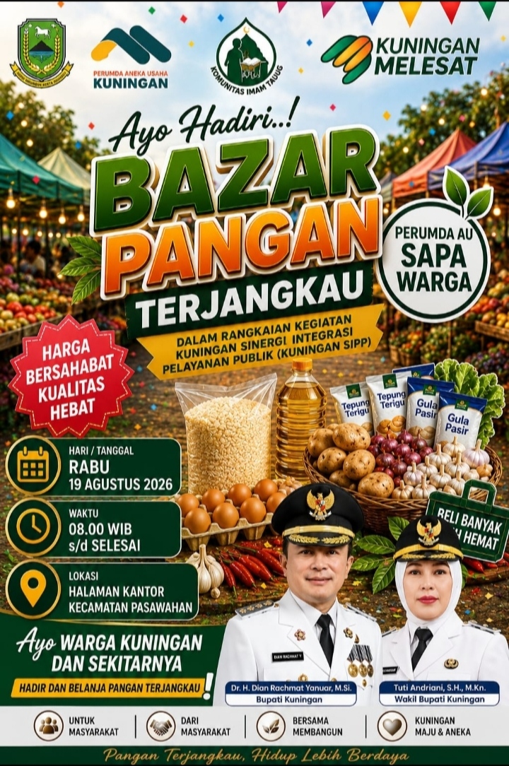 Suasana Bazar Pangan Terjangkau PDAU Kabupaten Kuningan di halaman Kecamatan Pasawahan yang menyediakan kebutuhan pangan berkualitas dengan harga terjangkau bagi masyarakat.