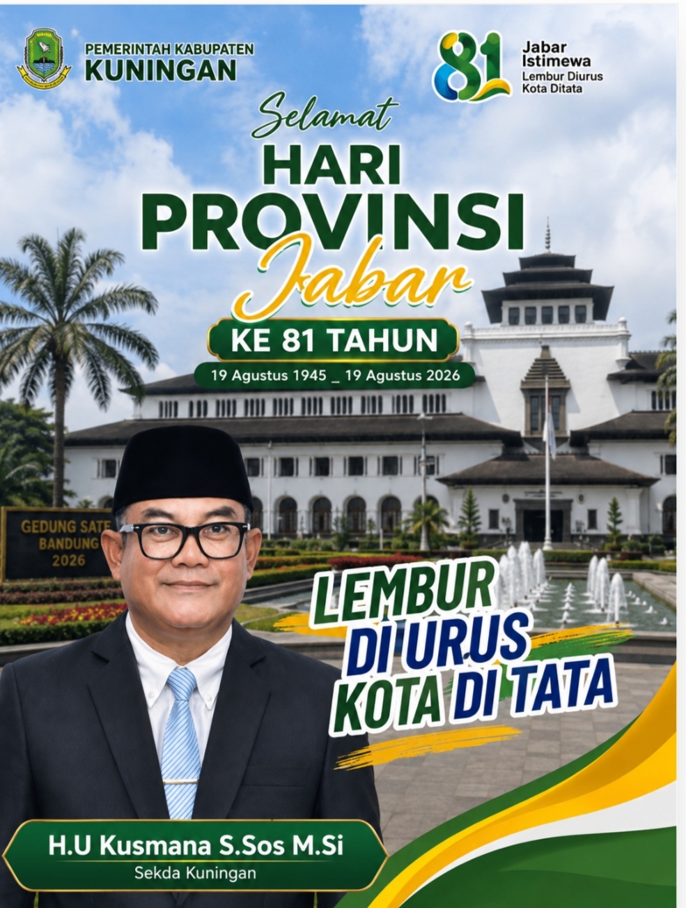 Sekda Kuningan H U Kusmana menyampaikan ucapan Selamat HUT ke-81 Provinsi Jawa Barat Tahun 2026