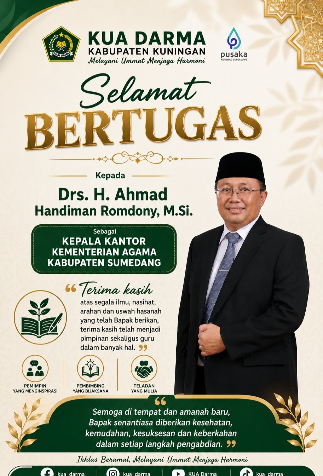 Ucapan selamat dari KUA Kecamatan Darma kepada Ahmad Handiman Romdony sebagai Kepala Kemenag Kabupaten Sumedang.