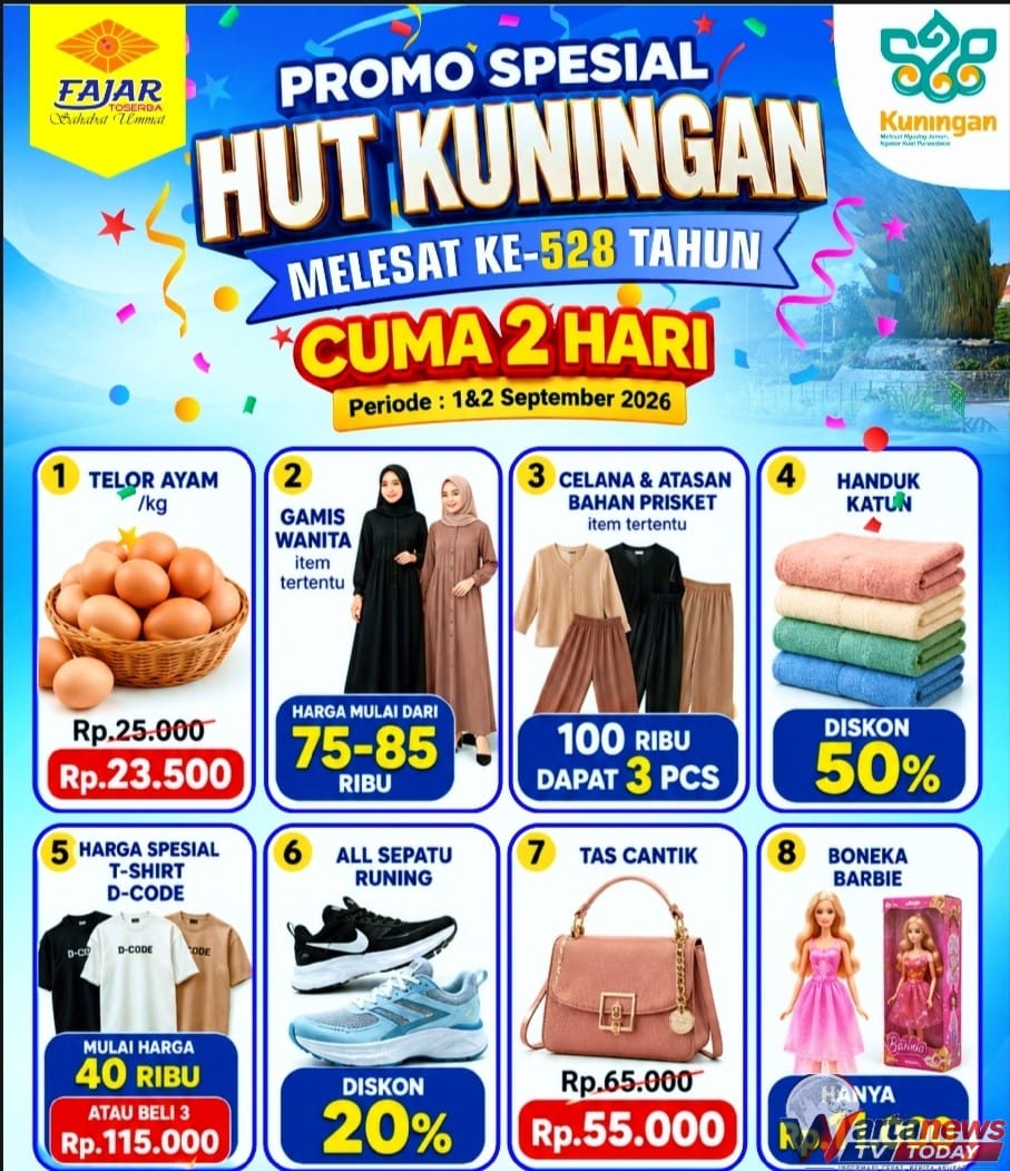 Promo Spesial HUT Kuningan ke-528 dari Fajar Grup menghadirkan kebutuhan pokok dengan harga terjangkau bagi masyarakat Kabupaten Kuningan.