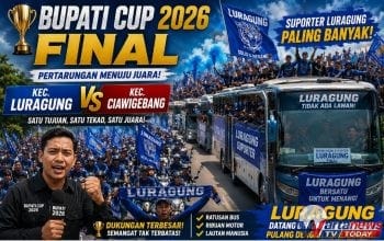 Suporter Kecamatan Luragung bersiap berangkat menggunakan bus untuk memberikan dukungan pada final Bupati Cup 2026 melawan Ciawigebang.