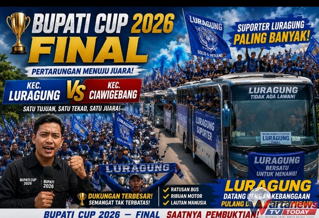 Suporter Kecamatan Luragung bersiap berangkat menggunakan bus untuk memberikan dukungan pada final Bupati Cup 2026 melawan Ciawigebang.
