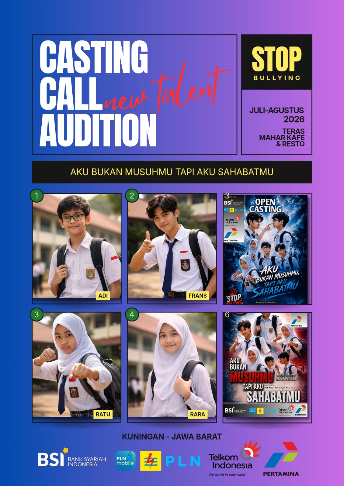 Peserta mengikuti proses open casting film layar lebar Aku Bukan Musuhmu Tapi Aku Sahabatmu di Teras Mahar Kabupaten Kuningan dalam kampanye nasional Stop Bullying.
