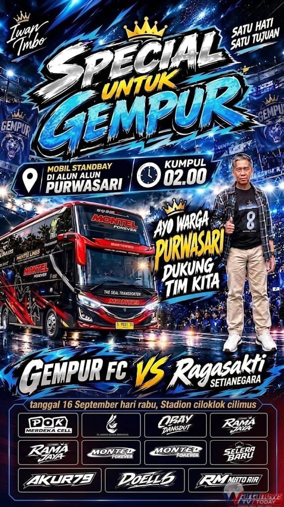 Poster dukungan untuk Gempur FC menghadapi Ragasakti Setianegara. Warga Purwasari diajak hadir dan memberikan semangat kepada tim kebanggaan