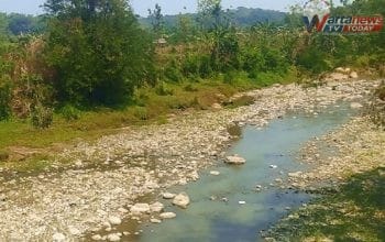 Kondisi debit Sungai Cisanggarung menyusut akibat kemarau panjang di wilayah Ciwaru Kabupaten Kuningan