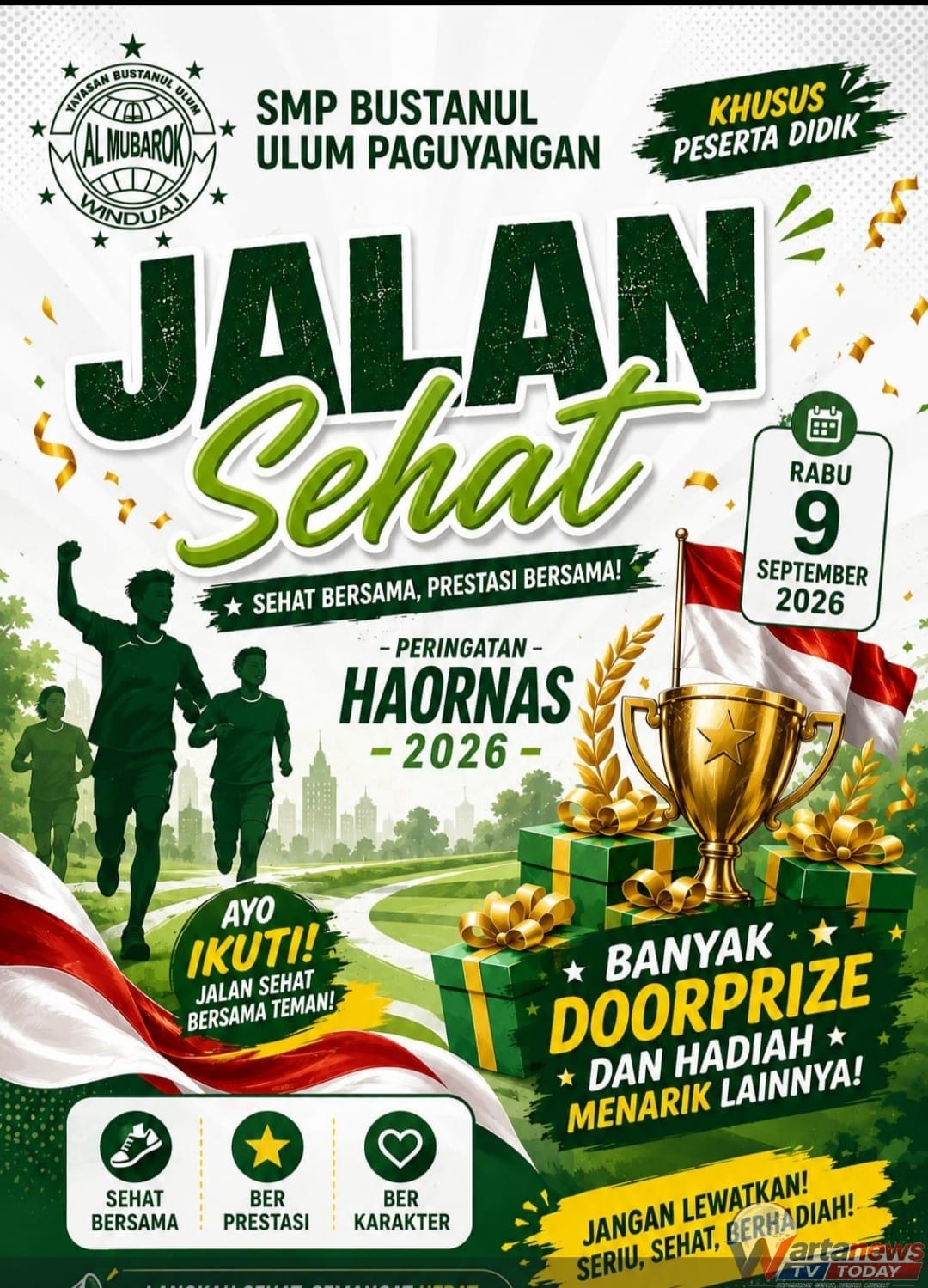 Peserta Jalan Sehat HAORNAS 2026 SMP Bustanul Ulum Paguyangan mengikuti kegiatan olahraga bersama di Kabupaten Brebes.